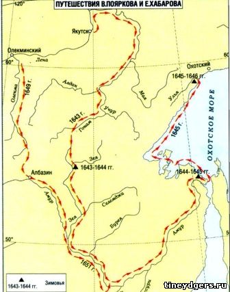 карта путешествий Пояркова и Хабарова